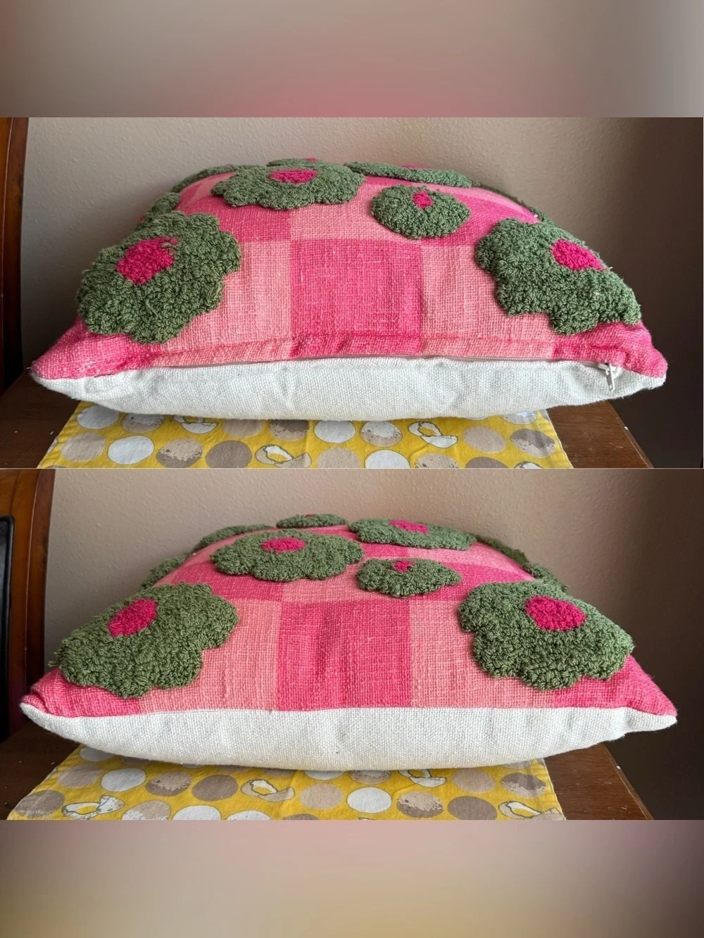 Tuft checkerboard green and pink floral pillow